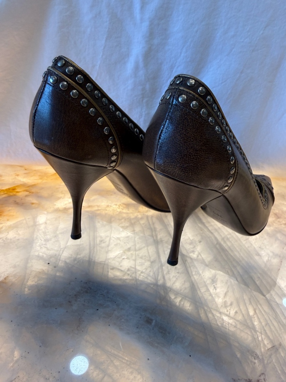 Prada Brown Studded Pointed Leather Pumps - Picture 4 of 9